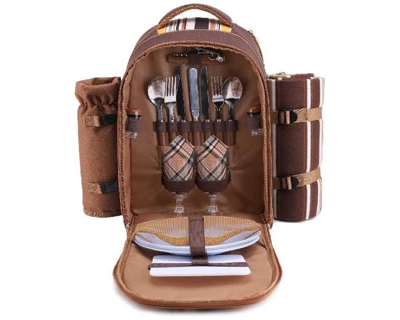 apollo walker Picnic Backpack Bag for 2 Person with Cooler Compartment, Detachable Bottle/Wine Holder, Fleece Blanket, Plates and Cutlery(2 Person, Brown)