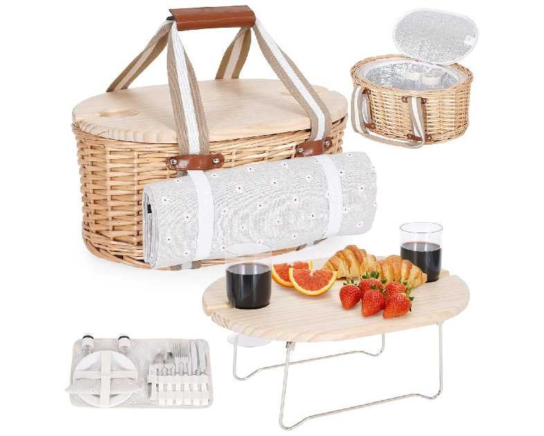 Picnic Basket Set for 2 - Wicker Insulated Picnic Basket with Waterproof Blanket, Folding Wine Picnic Table & Cutlery Kits, Picnic Baskets Kit for Camping, Outdoor, Valentine (White Flower)