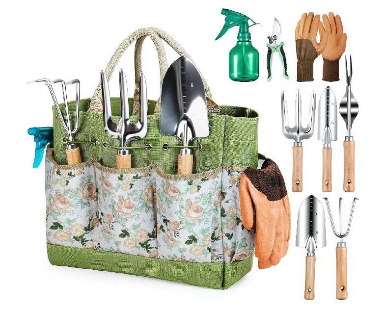 Gardening Tools 9-Piece Heavy Duty Garden Hand Tools with Fashion and Durable Garden Tools Organizer Handbag, Rust-Proof Garden Tool Set, Ideal Gardening Gifts for Women