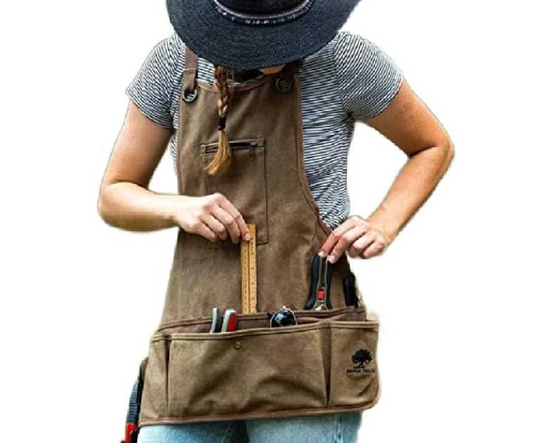 Ironwood Tool Co. 16oz Waxed Canvas Garden Tool Apron with shoulder pads, double stitched pocket, metal grommets for strap