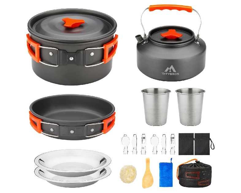 17pcs Camping Cookware Kit, 0.45Gal Pot, 7inches Pan,0.30Gal Kettle Set with 2 Set Stainless Steel Cups Plates Forks Knives Spoons for Hiking