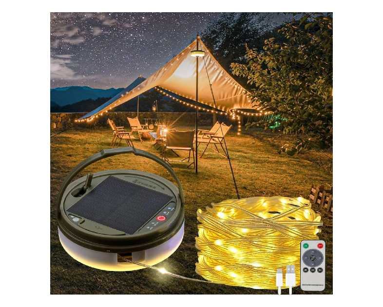 Solar Camping String Lights, 39.4 FT Fairy String Light, 4 in 1 Portable Waterproof Camp Lamp with 8 Lighting Modes, Hanging Rechargeable Tent Lantern for Christmas Decorations Patio Party Essentials
