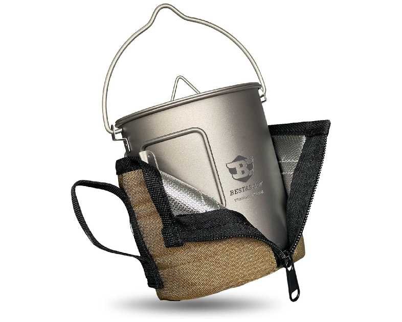Bestargot Camping Titanium Pot, 750ml Outdoor Cup with Insulation Cup Carrier, Titanium Camping Drinkware, 132g Lightweight and Large Capacity (750 titanium)