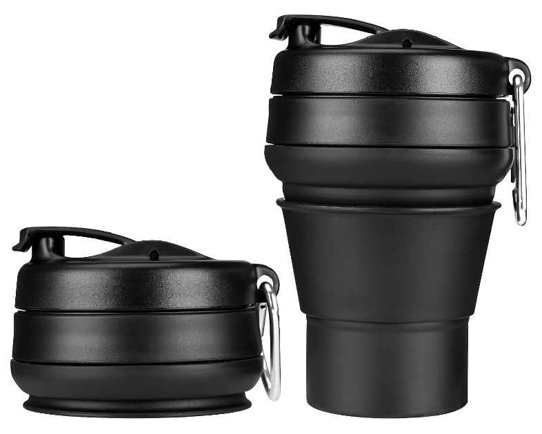 Collapsible Coffee Cup, 16 OZ 480ml Large Silicone Folding Camping Mug, Leak Proof BPA Free Portable, Travel Bottle with Lids for hiking, Microwave & Dishwasher Safe (Black)