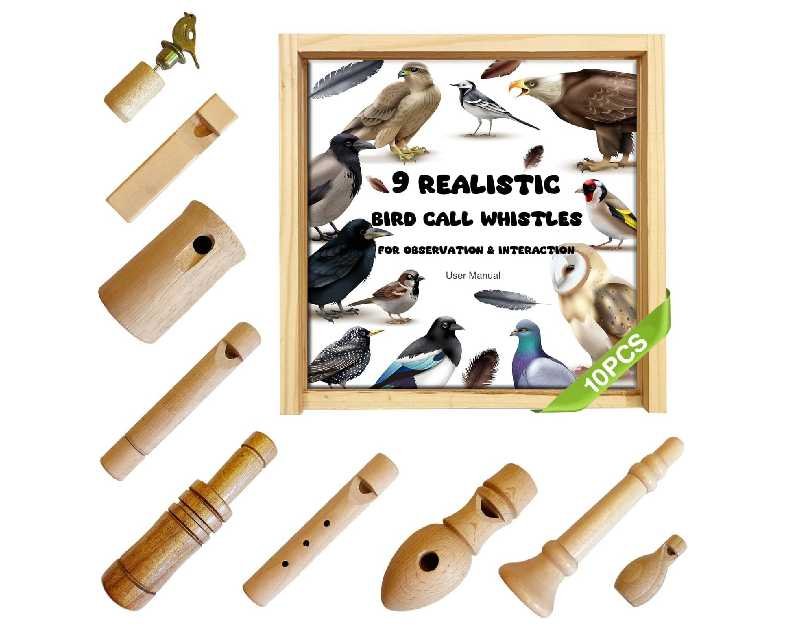 ZDH 9-Piece Wooden Bird Call Set – Handcrafted Bird-Call in Acrylic Wooden Box for Birdwatchers, Nature Lovers, Outdoor Exploration & Education All