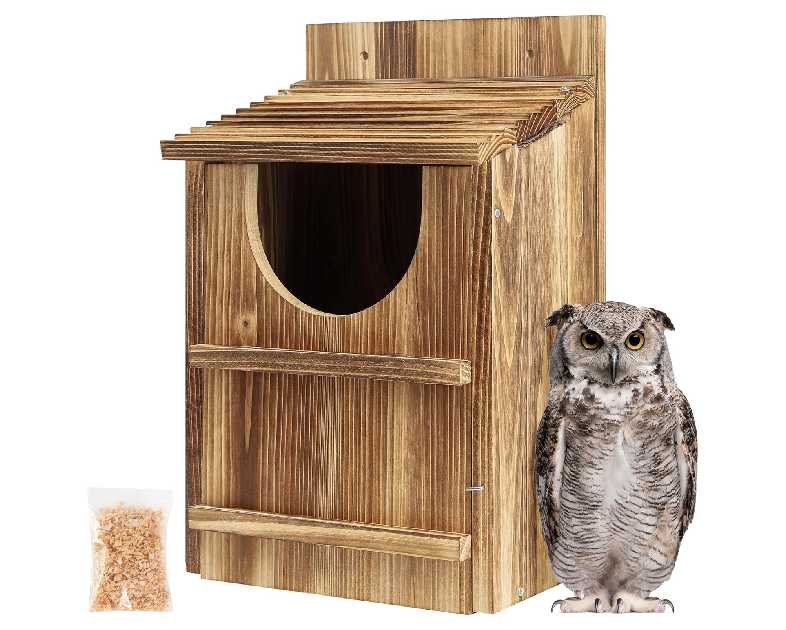 UUMENHA Owl House,Carbonized Cedar Large Owl Bird Box with Shavings,Owl Boxes for Outside 14.5×9×7.5 inches,Owl Nesting Box for Wildlife Lovers,Easy Assembly Required
