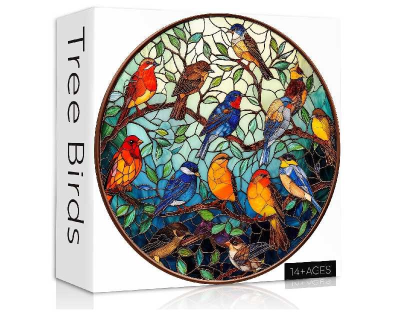 Stained Glass Puzzle Bird Puzzles for Adults 1000 Pieces, Round Bird Tree Jigsaw Puzzle, Impossible Hard Difficult Challenging Puzzles for Adults