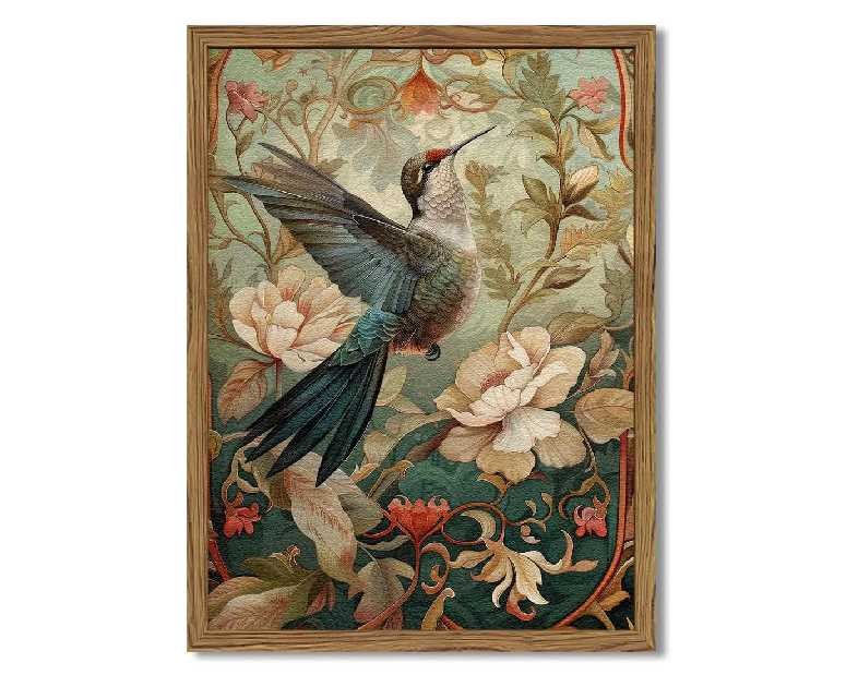 Framed Vintage Hummingbird Wall Art, Floral Bird Wall Decor Paintings, 3D Sandstone Textured Nature Botanical Pictures Prints Aesthetic Home Decor for Living Room Bedroom Bathroom Office 16x24 inch