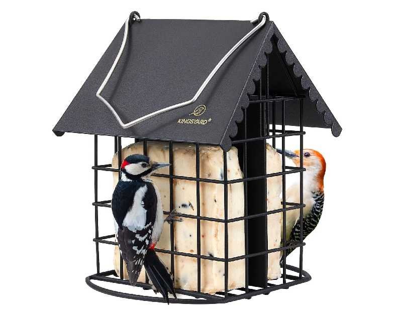 Kingsyard Double Suet Bird Feeder with Weatherproof Roof & Perch, All Metal, Suet Cakes Cage Bird Feeder for Outdoors Hanging, Easy to Clean & Refill, Black