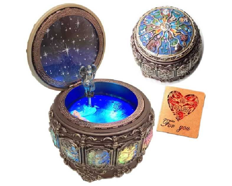 Vintage Music Box with Constellations Rotating Goddess LED Lights Twinkling Resin Carved Mechanism Musical Box with Sankyo 18-Note Wind Up Signs of The Zodiac Gift for Birthday (A1 Upgraded)