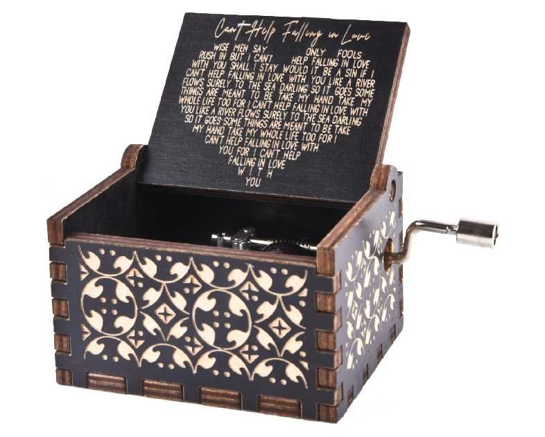 Can't Help Falling in Love Wood Music Box, Antique Engraved Musical Boxes Case for Love One Wooden Music Box - Gifts for Lover, Boyfriend, Girlfriend, Husband, Wife (Black)
