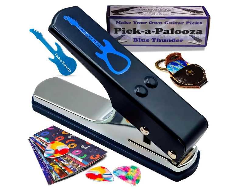 Pick-a-Palooza DIY Guitar Picks Punch Mega Pack - Custom Pick Maker for Musicians - Features Leather Key Chain Holder, Pick Strips with Artwork & File - Unique Gifts for Men & Women - Blue Punch