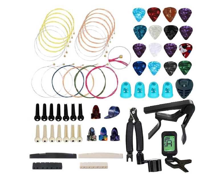 66PCS Guitar Accessories Kit, Acoustic Changing Tool, Including Guitar Acoustic Strings, Picks, Capo, String Winder&Cutter, Tuner, Bones, for Players and Beginners