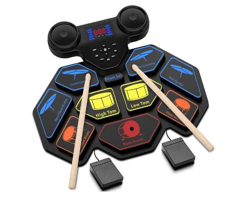 Electronic Drum Set - YUOIOYU Electric Drum Set Roll Up Portable Drum Kit MIDI Practice Drum Pad with Dual Built-in Speaker, Drum Sticks and Pedals, Christmas Birthday Gift for Kids Adult