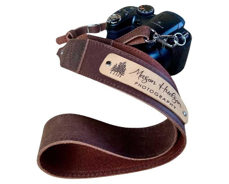 Adjustable Personalized Leather Camera Strap with Custom Logo Engraving which fits on All Cameras, and Binoculars