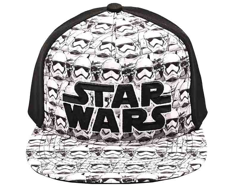 Disney mens Star Wars Embroidered Logo and Stormtrooper All Over Adjustable Snapback Baseball Hat with Flat Brim Black White One Size, Black, One Size US