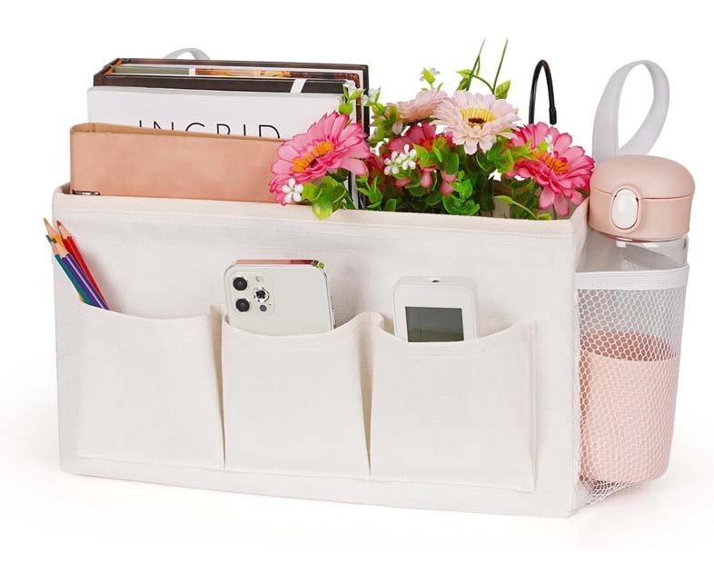 Bedside Caddy Storage Organizer with Fixed Straps and Water Bottle Holder